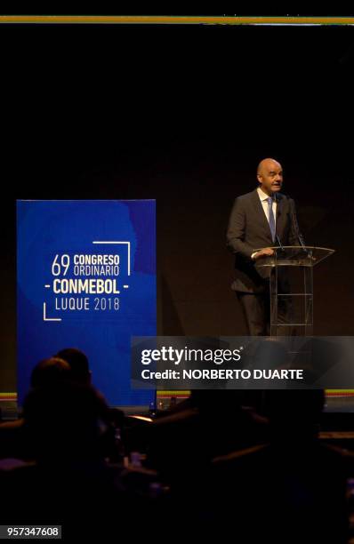 President Gianni Infantino delivers a speech during the 69th Ordinary Congress of the CONMEBOL , in Luque Paraguay, on May 11, 2018.