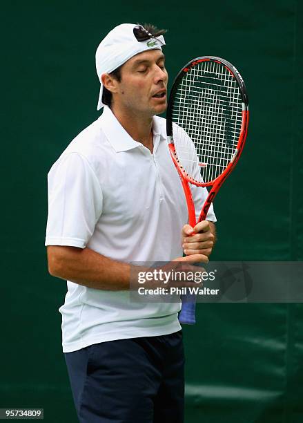 Sebastien Grosjean of France reacts during his second round match against Jurgen Melzer of Austria on day three of the Heineken Open at the ASB...