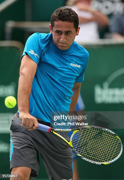 Nicolas Almagro of Spain plays a backhand during his second round match against Marc Gicquel of France on day three of the Heineken Open at the ASB...