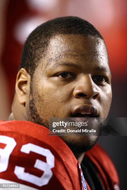 Ndamukong Suh of the University of Nebraska Cornhuskers looks on during the Pacific Life Holiday Bowl against University of Arizona Wildcats on...