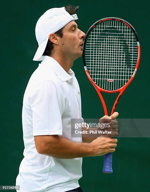 Sebastien Grosjean of France holds his racquet to his face during his second round match against Jurgen Melzer of Austria on day three of the...