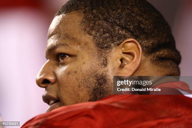 Ndamukong Suh of the University of Nebraska Cornhuskers looks on during the Pacific Life Holiday Bowl against University of Arizona Wildcats on...