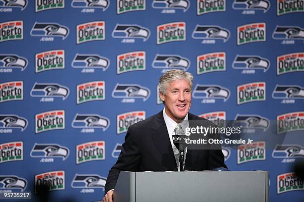 Pete Carroll answers questions at a press conference announcing his hiring as the new head coach of the Seattle Seahawks on January 12, 2010 at the...