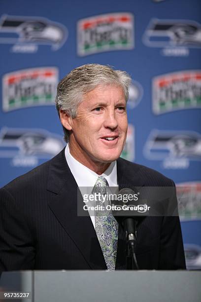 Pete Carroll answers questions at a press conference announcing his hiring as the new head coach of the Seattle Seahawks on January 12, 2010 at the...