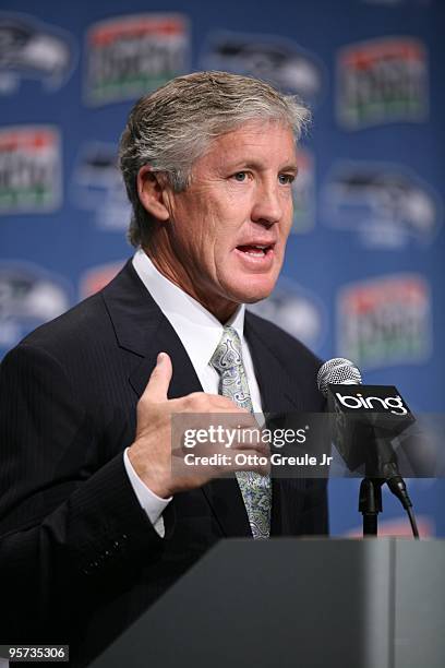 Pete Carroll answers questions at a press conference announcing his hiring as the new head coach of the Seattle Seahawks on January 12, 2010 at the...