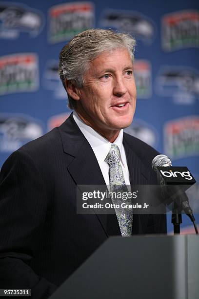 Pete Carroll answers questions at a press conference announcing his hiring as the new head coach of the Seattle Seahawks on January 12, 2010 at the...