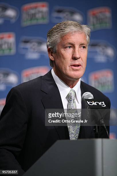 Pete Carroll answers questions at a press conference announcing his hiring as the new head coach of the Seattle Seahawks on January 12, 2010 at the...