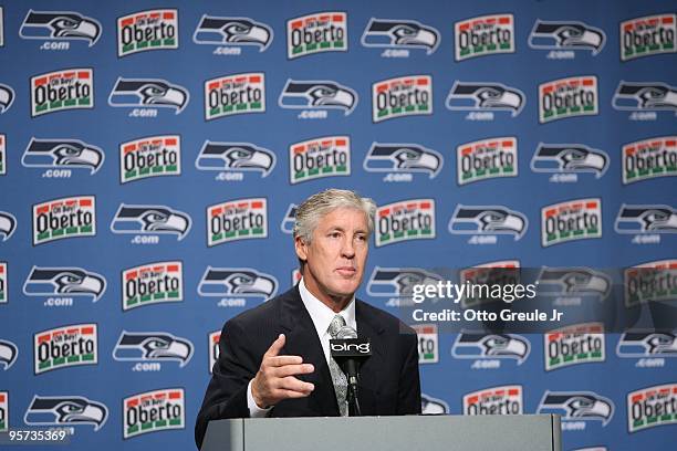 Pete Carroll answers questions at a press conference announcing his hiring as the new head coach of the Seattle Seahawks on January 12, 2010 at the...