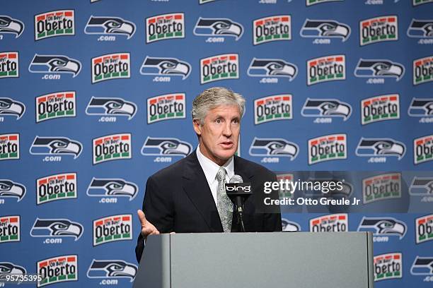 Pete Carroll answers questions at a press conference announcing his hiring as the new head coach of the Seattle Seahawks on January 12, 2010 at the...