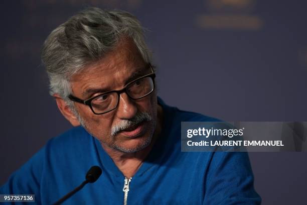 French film critic Gerard Lefort moderates on May 11, 2018 a press conference for the film "Sorry Angel " at the 71st edition of the Cannes Film...