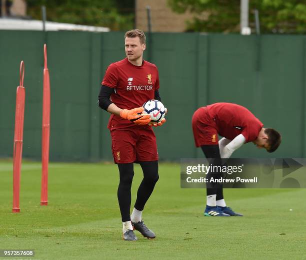 Simon Mignolet of Liverpool during a training session at Melwood Training Ground on May 11, 2018 in Liverpool, England.