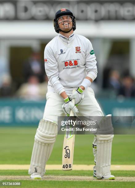 Essex batsman Peter Siddle reacts after being bowled by Joe Leach during day one of the Specsavers County Championship Division One match between...