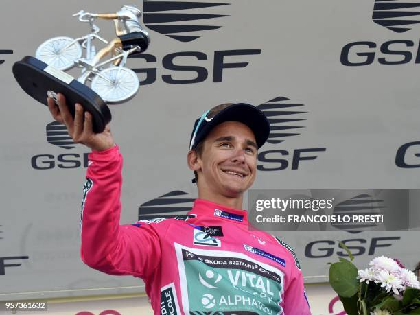 France's Bryan Coquard celebrates with the pink jersey during the podium ceremony for the fourth stage of the Four days of Dunkirk cycling race, on...