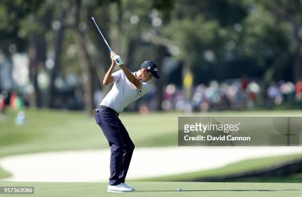 Chesson Hadley of the United States plays his second shot on the par 5, 11th hole during the second round of the THE PLAYERS Championship on the...