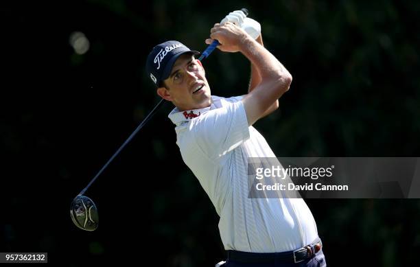 Chesson Hadley of the United States plays his tee shot on the par 5, 11th hole during the second round of the THE PLAYERS Championship on the Stadium...