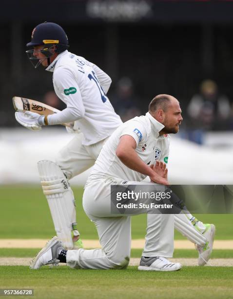 Essex batsman Daniel Lawrence picks up a run as Worcestershire bowler Joe Leach reacts during day one of the Specsavers County Championship Division...