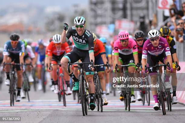 Arrival / Sam Bennett of Ireland and Team Bora-Hansgrohe / Celebration / Elia Viviani of Italy and Team Quick-Step Floors Purple Points Jersey /...