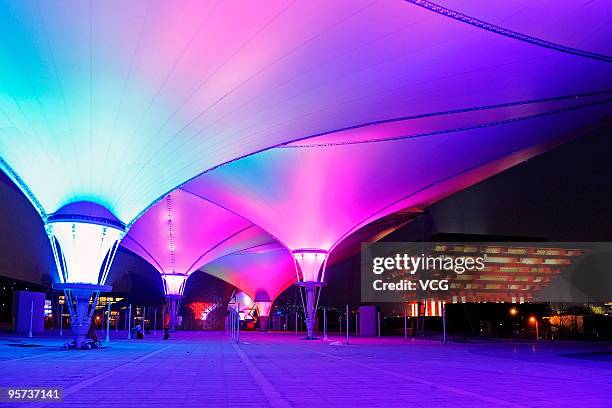 The illuminated Expo Axis is seen at site of the Shanghai 2010 World Expo on January 12, 2010 in Shanghai, China. There left 108 days before the...