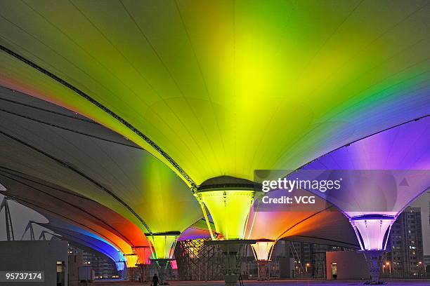 The illuminated Expo Axis is seen at site of the Shanghai 2010 World Expo on January 12, 2010 in Shanghai, China. There left 108 days before the...