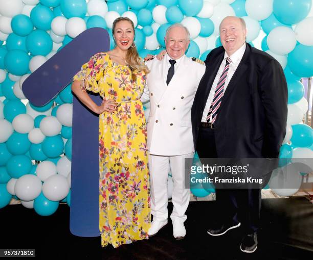 Ruth Moschner, Kjell Holm and Reiner Calmund are seen on board during the naming ceremony of the cruise ship 'Mein Schiff 1' on May 11, 2018 in...