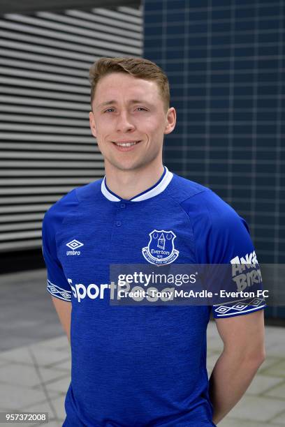 Matthew Pennington poses for a photo after signing a new Everton contract at USM Finch Farm on May 3, 2018 in Halewood, England.