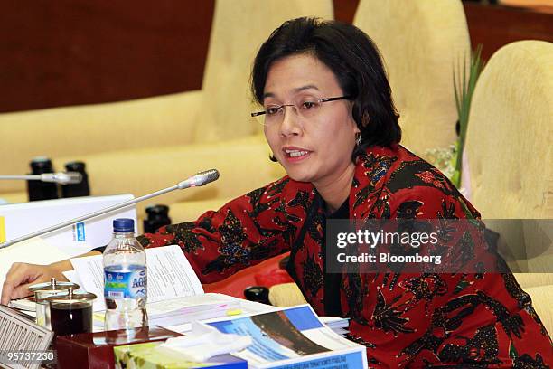 Sri Mulyani Indrawati, Indonesia's finance minister, speaks in front of a parliamentary committee probing the bailout of PT Bank Century, in Jakarta,...