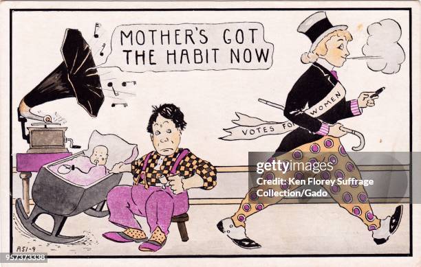 Color postcard, depicting a suffragist smoking, wearing male clothing, and walking out while her husband stays home to care for their baby, captioned...