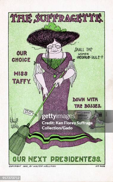 Color postcard, depicting Theodore Roosevelt Jr, dressed as a female suffragist, wearing a purple, green and white dress, and wielding a broom...