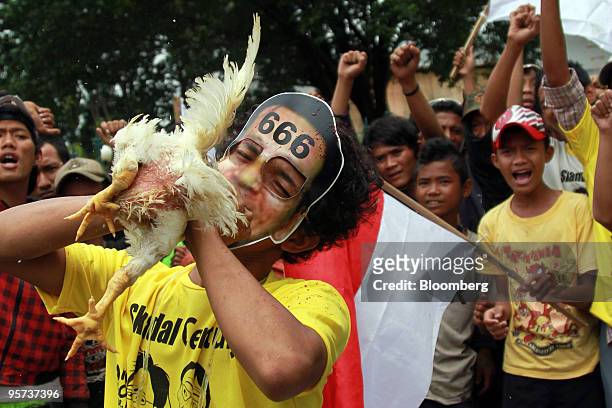 Protester wearing a mask of Indonesia's Vice President Boediono drinks the blood of a chicken outside the parliamentary building as Indonesia's...