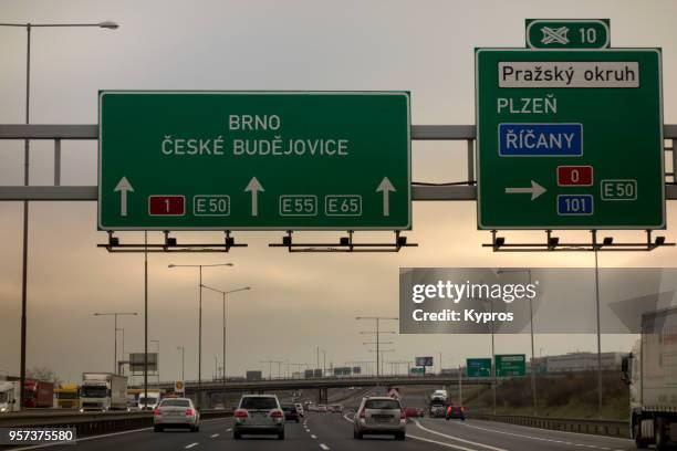 europe, czech republic, 2018: view of motorway road sign with directions - brünn stock-fotos und bilder