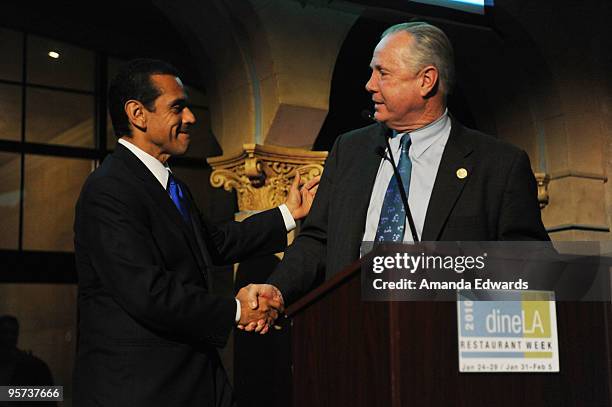 Los Angeles Mayor Antonio Villaraigosa and Los Angeles City Councilmember Tom LaBonge speak at the dineLA Restaurant Week press event at the...