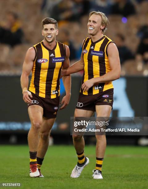 Luke Breust of the Hawks celebrates a goal with Will Langford of the Hawks during the 2018 AFL round eight match between the Hawthorn Hawks and the...