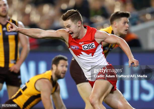 Ben Ronke of the Swans celebrates his sixth goal during the 2018 AFL round eight match between the Hawthorn Hawks and the Sydney Swans at the...