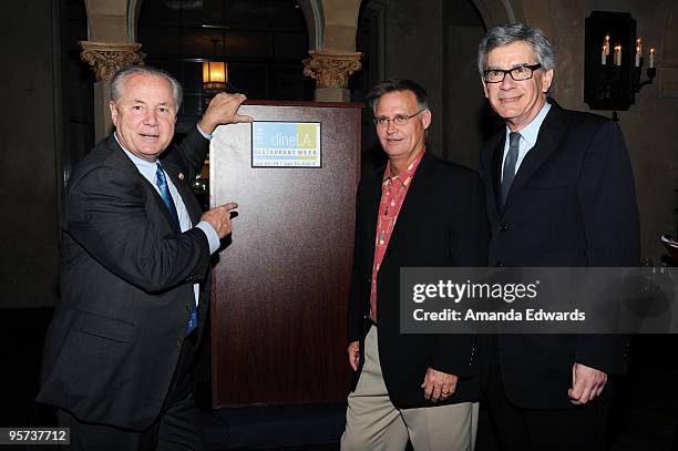 Los Angeles City Councilmember Tom LaBonge, Tom Mullen and Mark Liberman attend the dineLA Restaurant Week press event at the Hollywood Roosevelt...