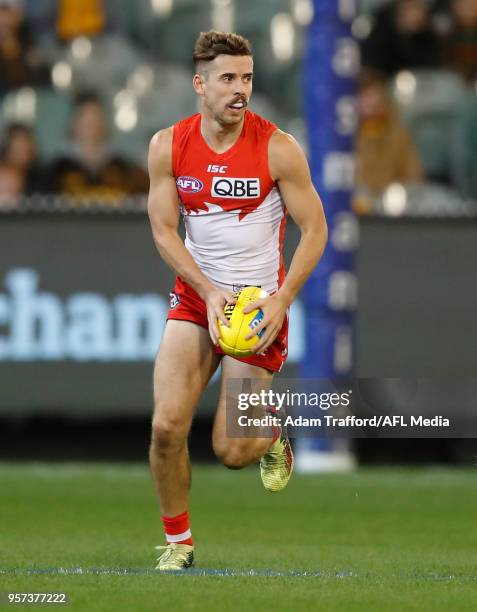 Jake Lloyd of the Swans in action in his 100th game during the 2018 AFL round eight match between the Hawthorn Hawks and the Sydney Swans at the...