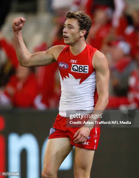 Will Hayward of the Swans celebrates a goal during the 2018 AFL round eight match between the Hawthorn Hawks and the Sydney Swans at the Melbourne...