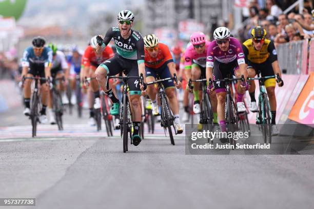 Arrival / Sam Bennett of Ireland and Team Bora-Hansgrohe / Celebration / Elia Viviani of Italy and Team Quick-Step Floors Purple Points Jersey /...