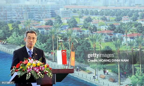 Visiting Singaporean Prime Minister Lee Hsien Loong addresses the ground-breaking ceremony of the VSIP Hai Phong, an 1,600ha integrated township and...