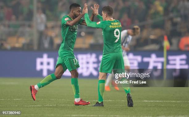 Cedric Bakambu of Beijing Guoan celebrates scoring his team's goal during 2018 China Super League match between Beijing Guoan and Guangzhou R&F at...