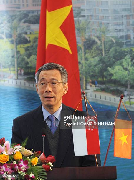 Visiting Singaporean Prime Minister Lee Hsien Loong addresses the ground-breaking ceremony of the VSIP Hai Phong, an 1,600ha integrated township and...