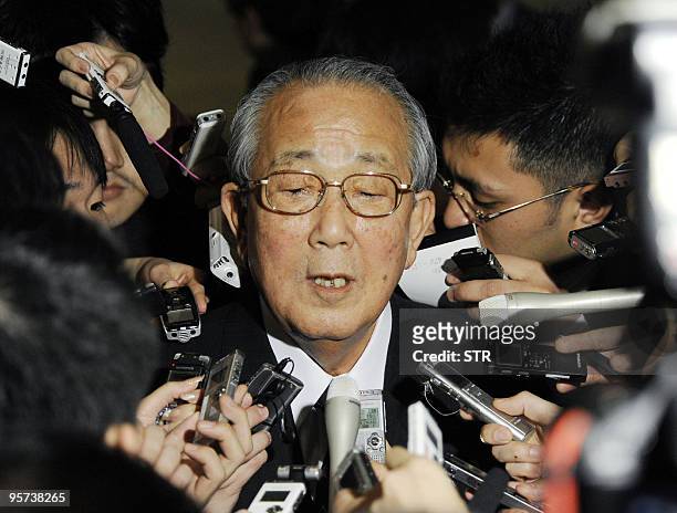 Kazuo Inamori , the founder of Japanese high-tech maker Kyocera, is surrounded by reporters after he met with Japanese Prime minister Yukio hatoyama...