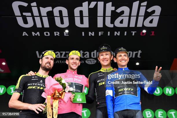 Podium / Sam Bewley of New Zealand and Team Mitchelton-Scott / Simon Yates of Great Britain Pink Leader Jersey / Christopher Juul Jensen of Denmark /...