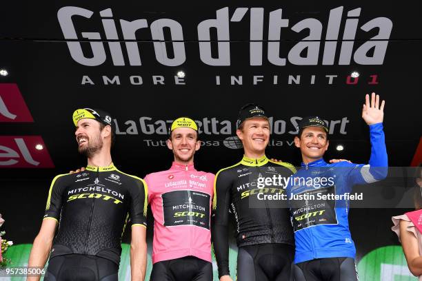 Podium / Sam Bewley of New Zealand and Team Mitchelton-Scott / Simon Yates of Great Britain Pink Leader Jersey / Christopher Juul Jensen of Denmark /...