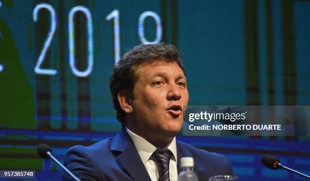 The re-elected President of the South American Football Confederation Alejandro Dominguez, speaks during the 69th Ordinary Congress of the CONMEBOL,...