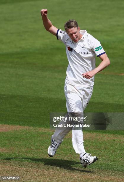 Steven Patterson of Yorkshire celebrates after taking the wicket of Ben Foakes of Surrey during the Specsavers County Championship Division One match...