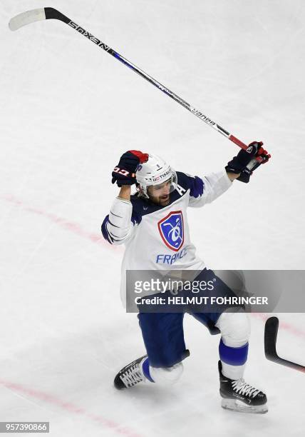 France's Damien Fleury celebrates during the group A match France vs Austria of the 2018 IIHF Ice Hockey World Championship at the Royal Arena in...