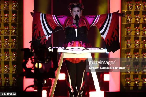Singer Netta representing Israel performs during the second Grand Final Dress Rehearsal of Eurovision Song Contest 2018 in Altice Arena, on May 11,...