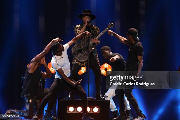 Singer Waylon representing The Netherlands performs during the second Grand Final Dress Rehearsal of Eurovision Song Contest 2018 in Altice Arena, on...