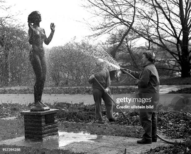 Gärtnerinnen bei der Beetpflege im Rosengarten in Dresden, aufgenommen in den 70er Jahren. Die Bronzeplastik "Genesung" von Felix Pfeifer stammt aus...