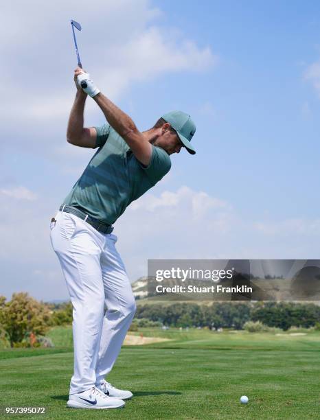 Lucas Bjerregaard of Denmark plays a shot during the second round of the The Rocco Forte Open at the Verdura Gol Resort on May 11, 2018 in Sciacca,...